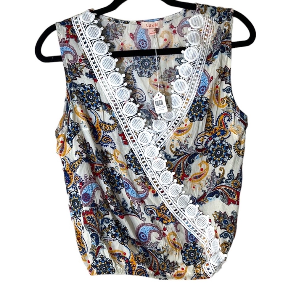 NWT Luxmi Lace Trim Paisley Print Cropped Tank White Blue Yellow and Red